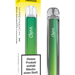 Wiipstick X Einweg Vape E-Zigarette, Blue Razzberry Lemonade Geschmack, grüne Farbe, bis zu 700 Züge, mit Nikotinwarnhinweis auf der Verpackung.